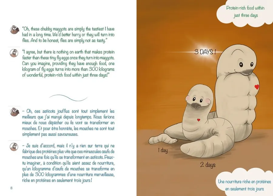 Page intérieure de « Bave d'asticot » : deux asticots illustrés discutent, avec le texte de la fable, Les Fables de Gunter