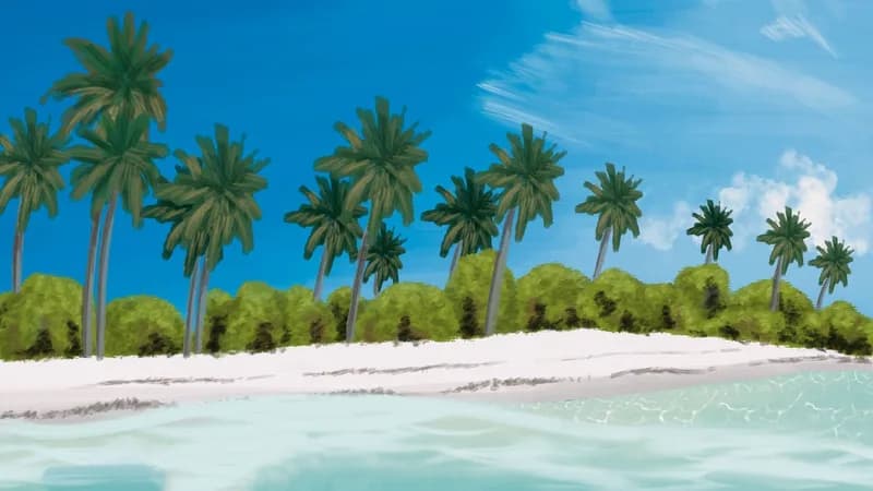 Une plage bordée de palmiers, décor tropical des Fables de Gunter