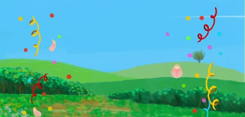 Une prairie en fête, rubans et confettis flottant dans l'air, illustration des Fables de Gunter